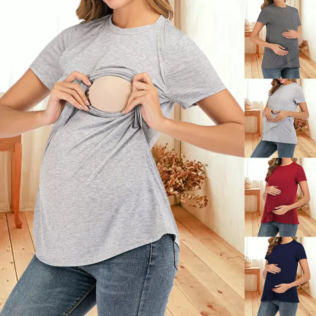 Women's Maternity Breastfeeding T-Shirt Nursing Solid Short Sleeve Tops Size 14