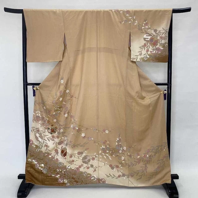Japanese Kimono "HOUMONGI" Silk M size A rank gold orange chrysanthemum 1162