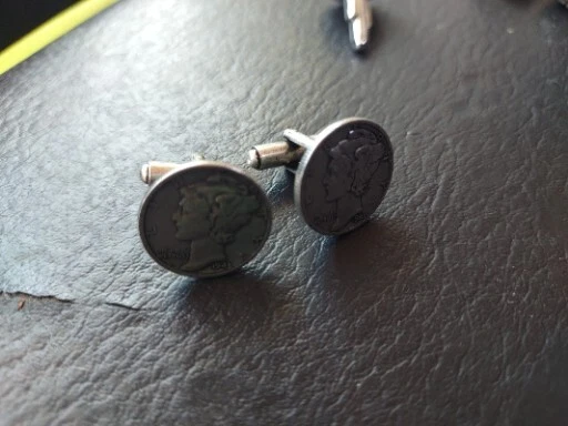 Mercury Dime 90% Silver Coin Jewelry Cuff Links-Handmade-Vintage Mercury Dime 90% Silver Coin Jewelry Cuff Links-Handmade-Vintage
