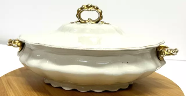 Antique Crown Staffordshire Semi Porcelain White Gold Gilt Lidded Tureen 1900's