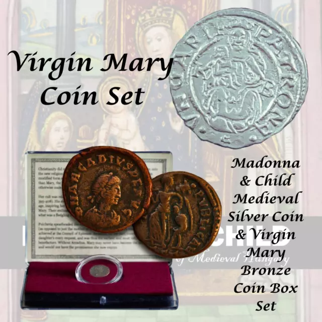 2PACK Virgin Mary Coin Set Madonna & Child Silver & Bronze Roman AE Arcadius Box