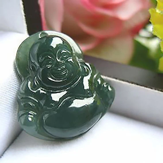 Pendentif Bouddha Rieur Double Face - Jade Vert Clair Naturel - Nouveau Sans Boîte