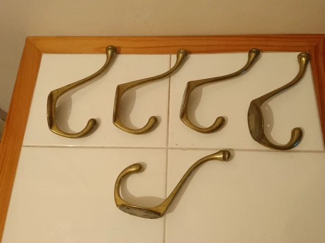 5x Old Vintage/Antique Solid Brass Double Coat Hooks Original Reclaimed 🇬🇧 3
