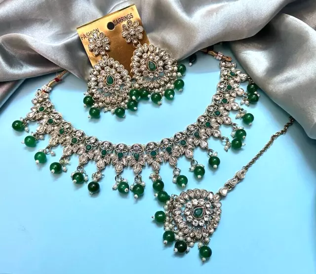 Indisch Bollywood Vergoldet Kundan Choker Braut Halskette Ohrringe Schmuck