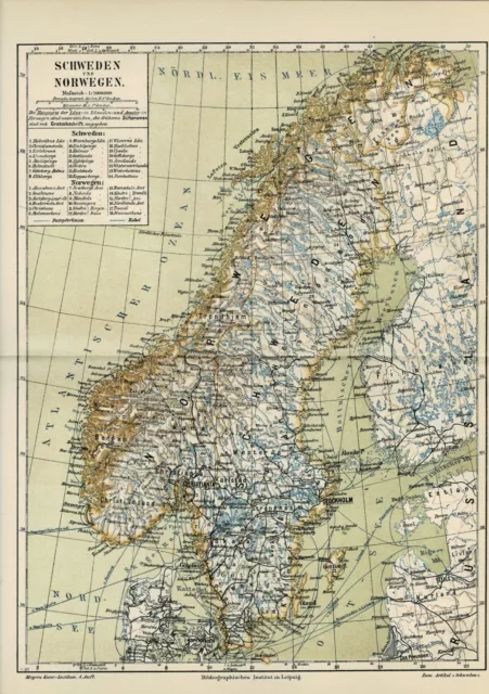 Karte SCHWEDEN und NORWEGEN Original-Graphik 1889