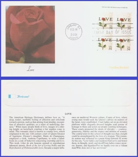 USA5 #3498 U/A FLEETWOOD FDC BKLT4  Rose & Love Letter