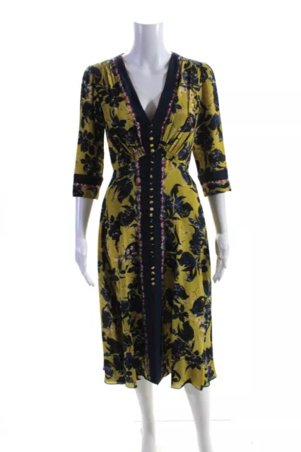 Saloni Womens Silk Floral Print Buttoned-Up Front Slit Maxi Dress Yellow Size 2