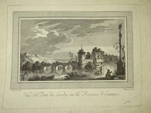 Gravure Annimee Xviii° Pont Lardy Hetre Cornuel Paysage Etampes Essones 1780