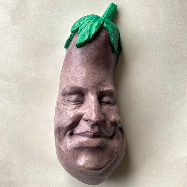 Original Handmade Eggplant Sculpture Wall Art for Western Kitchen, Ready to Hang
