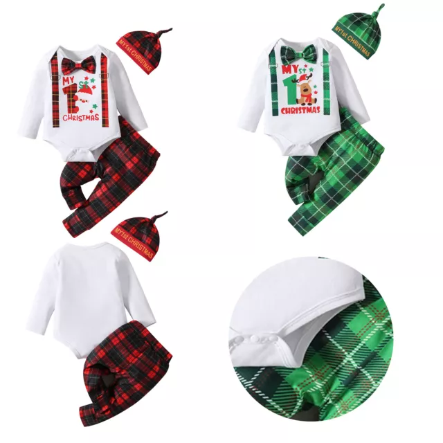 Baby Girls Boys Christmas Outfit Shirt Bodysuit Set Party Romper Hat Set 3Pcs