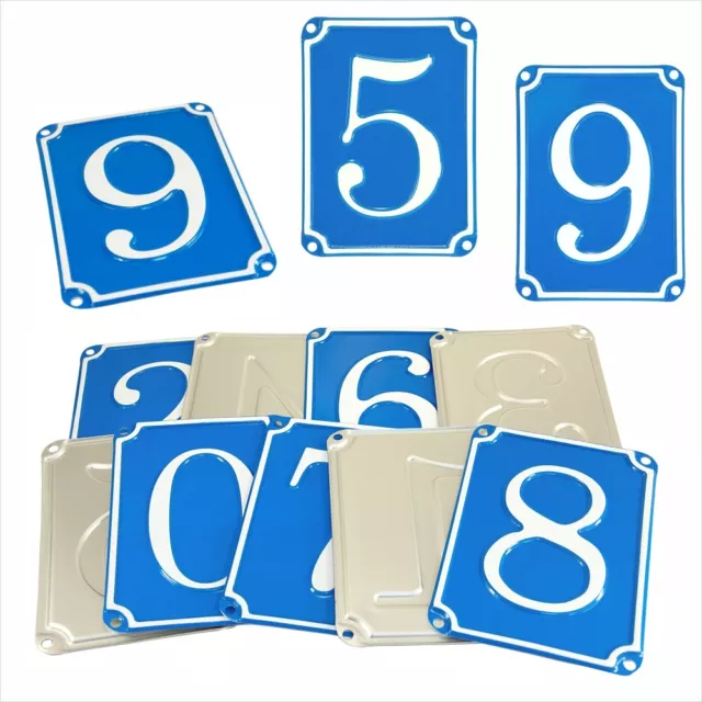 French Vintage Style Pressed BLUE House Number Door plate metal sign plaque 1-9