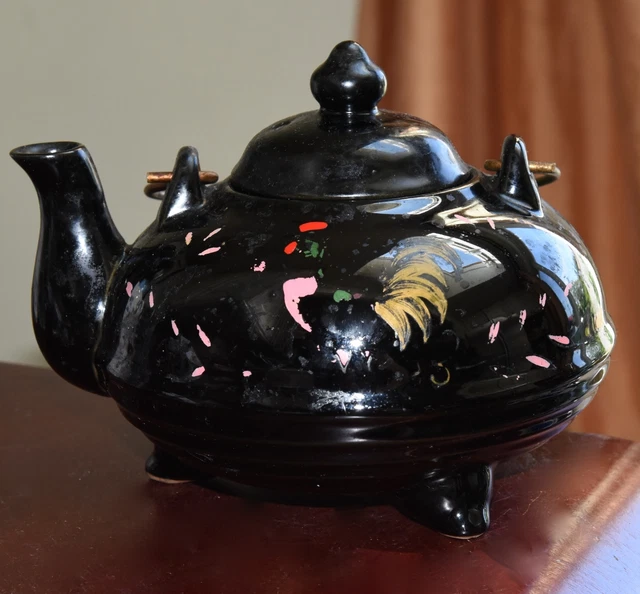 Antique Victorian Tea Pot Hand Painted Rooster Ceramic Black Metal Spiral Handle