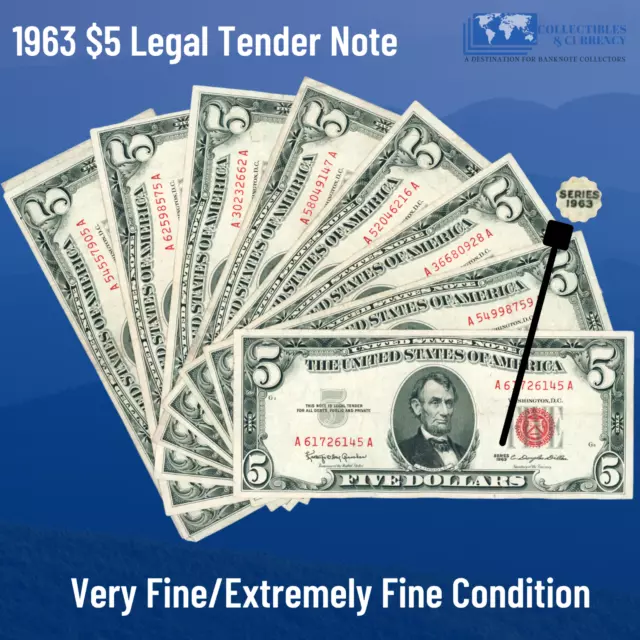 ✔ One 1963 Red Seal $5 Legal Tender Notes, VF/XF, Old US FIVE Dollars Bill