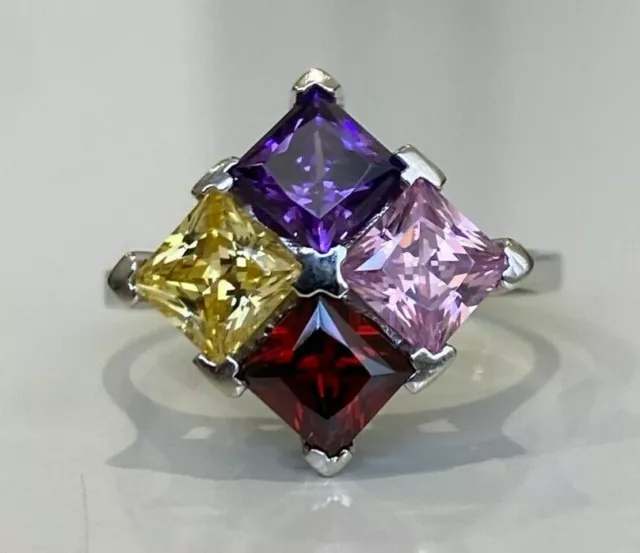 9K Solid White Gold & Multi Colored Stones Ring Size O 1/2  -  7 1/4