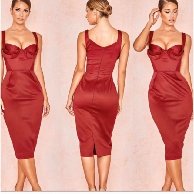 HOUSE OF CB 'Anja' Wine Satin Corset Midi Dress M 10 / 12 RRP 169 145.26  - PicClick UK