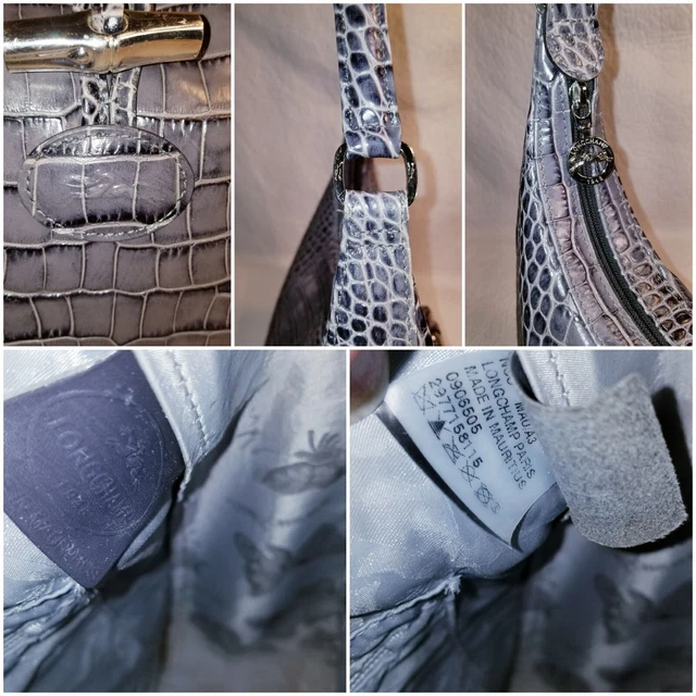 LONGCHAMP Gray Croc Embossed Leather Shoulder Bag Handbag Purse 11