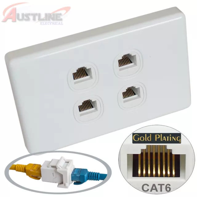 4 Port Gang Cat6 Wall Plate Clipsal Style 4 RJ45 Cat 6 Coupler F/F Jacks Aw4C6ff