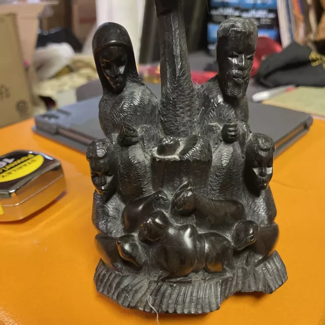 African Makonde Relief Nativity Ebony Wood Hand Carved Sculpture Tanzania 8”
