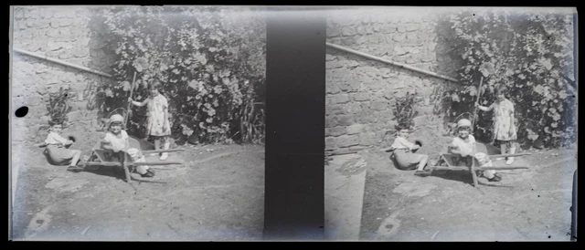 France Enfants c1930 Photo NEGATIVE STEREO Plaque Vintage V36L3n2