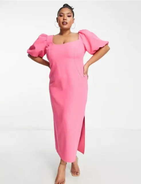 Asos Curve Puff Sleeve Midi Dress With Asym Neck Line in Hot Pink Plus Size 26