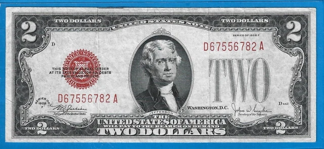 1928 F $2 USN Legal Tender Note,Red Seal,Circ CH Crisp VF,Nice!