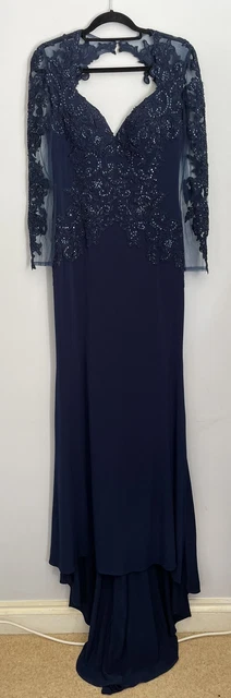 Abito da ballo mascara blu navy paillettes pizzo treno lunghezza intera taglia 12 MC1810776