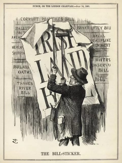 RARA CARICATURA BRITÁNICA DE 1881: Gladstone - BILLETE DE TIERRA IRLANDESA - Póster - REFORMA AGRARIA