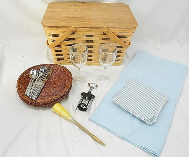 Vintage Woven Wood Picnic Basket, With Accessories, Silverware, Etc.