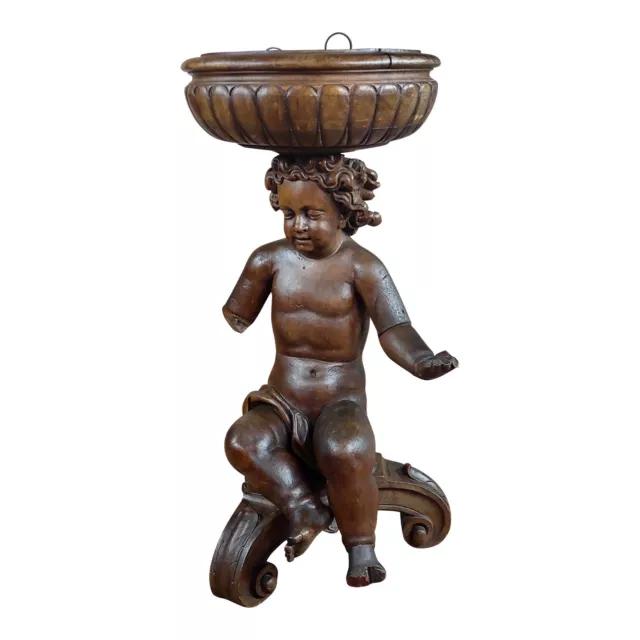 18th Century French Hand-Carved Walnut Cherub with a Plant Stand