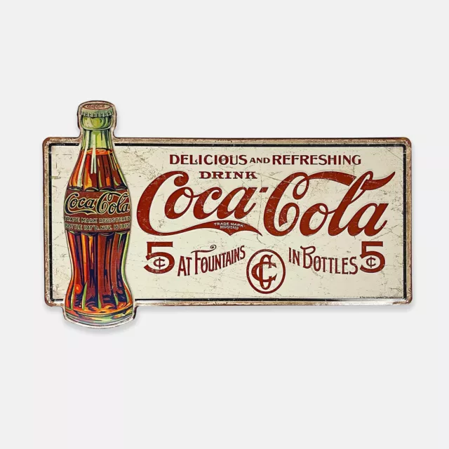 28.5" x 17.375" Coca Cola Delicious 5 Cents Large Embossed Aluminum Metal Sign
