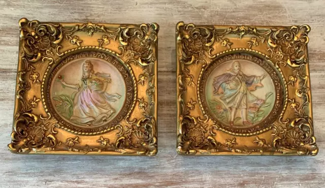 Vintage Bisque Porcelain Pair Victorian Man Woman Ornate Ceramic Gold Frames