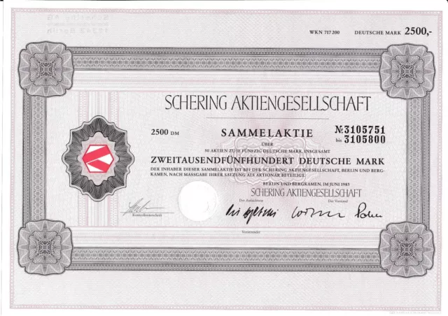 Schering AG Berlin 1985 histor. DM Aktie Bayer Pharma AG Bergkamen Chemie Pillen