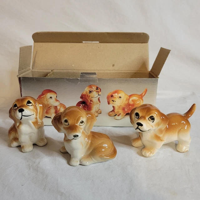 VTG Puppy Dog Figurines Porcelain Hand Painted Set Of 3 With Box