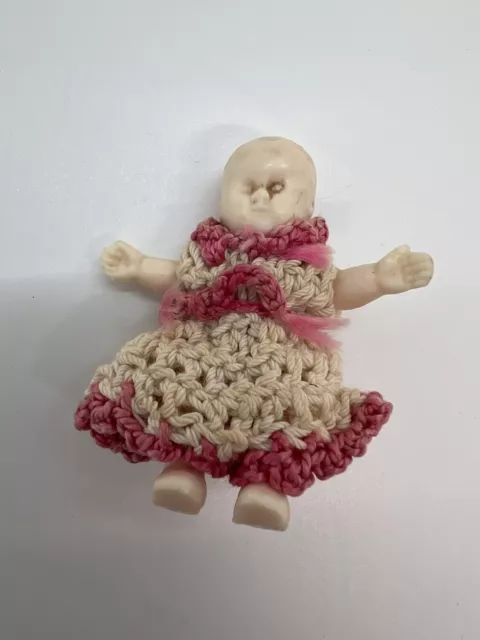 Vintage 1950s Miniature Dollhouse Celluloid Baby Doll in Hand Crocheted Dress
