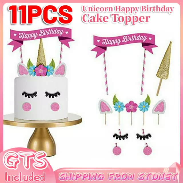 11Pcs Unicorn Happy Birthday Party Cake Topper Set eyes ear Kids Girls Decoratio