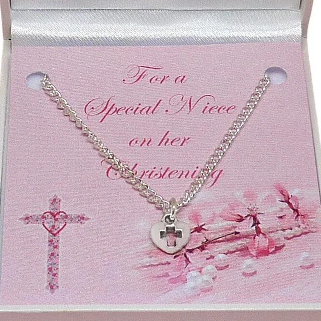 CHRISTENING DAY NECKLACE for Baby Girl. Heart with Cross Pendant