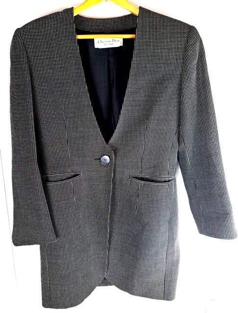 Womens Vintage Christian Dior Boutique Blazer Black White Polka Dot Large