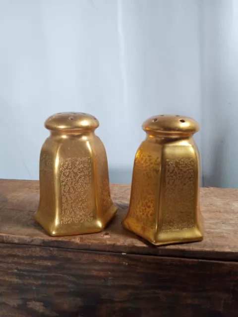 Vintage Gold Pickard Salt and Pepper Shakers With Corks