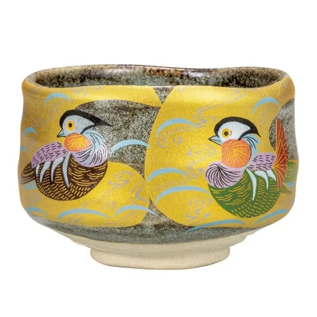 KUTANI YAKI WARE Japanese Matcha Bowl Chawan Tea Cup Kinsai Mandarin Ducks Japan