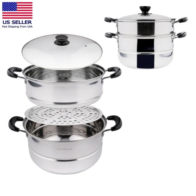 Stainless Steel Stackable Cookware 2 Tier Steamer Pot With Rack & Basket Tray US