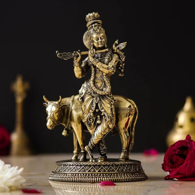 Laiton 7 " Krishna Statue Debout Avec Vache Et Jouer Flûte Modèle pour Maison