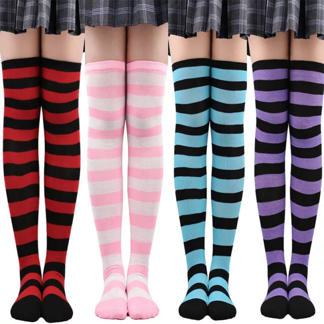 Womens Fashion Striped Over The Knee Stockings Hold Ups Thigh High Long Socks