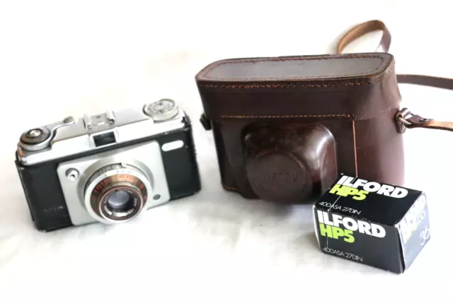 Estuche vintage de cuero negro plateado para cámara fotográfica Ilford Sportsman 35 mm con película