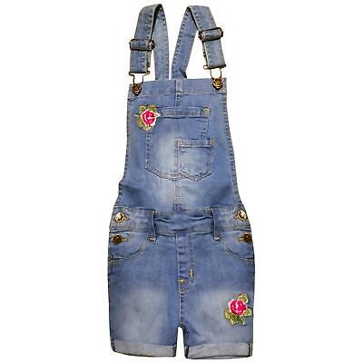 Kids Girls Denim Dungaree Shorts Embroidered Roses Stretch Jean Overall Jumpsuit