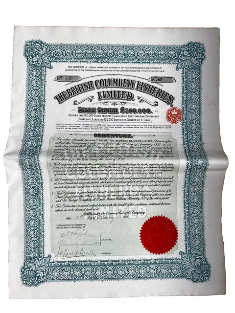 British Columbian Fisheries Limited - £50 Share Certificate Debenture - 1913