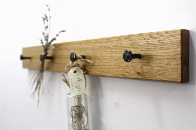 Natural Oak & Wrought Iron Hooks   Handcrafted   Rustic Coat Rack