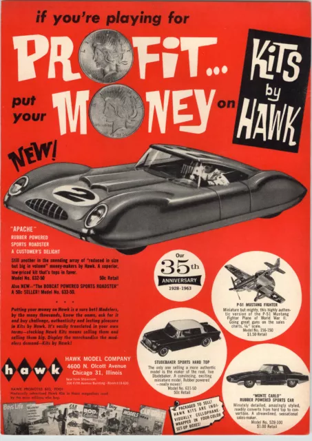 1963 PAPER AD Hawk Model Kits Apache Sports Roadster Car Monte Carlo Mustang