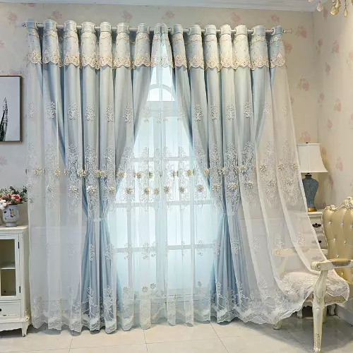 New Blue Jacquard Double Layer Embroidery Curtains Yarn Shading Curtains Room