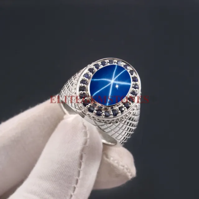 Lab Created Linde Star & Sapphire Gemstone 925 Sterling Silver Men's Ring #2479