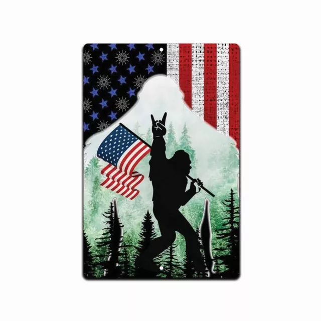 Sasquatch Bigfoot Rock On Flag Funny home room wall art gift decor 8x12 Tin Sign